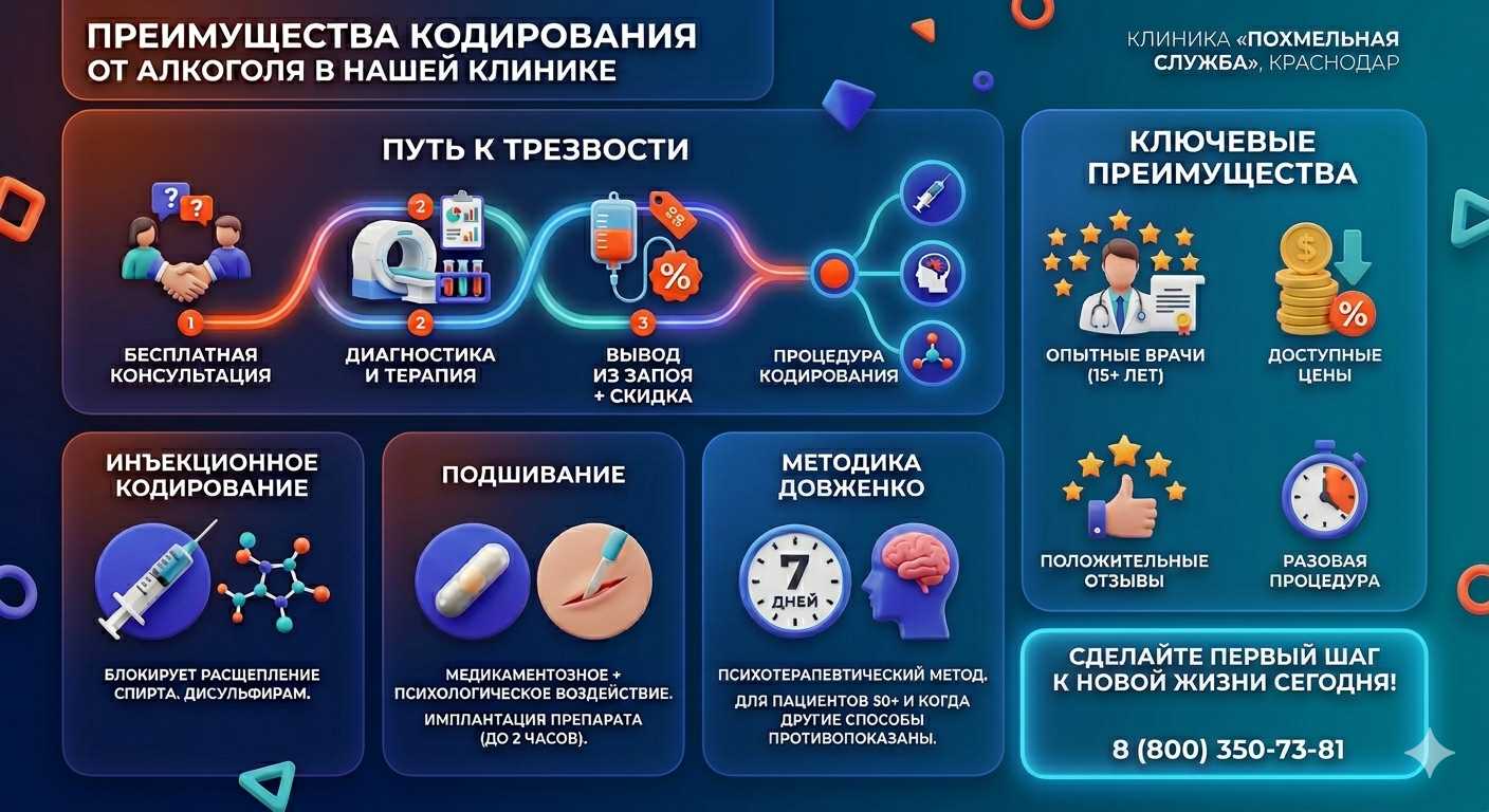 Инфографика о методах кодирования от алкоголя в Куеде: инъекции, подшивание, метод Довженко. Преимущества клиники и этапы лечения.