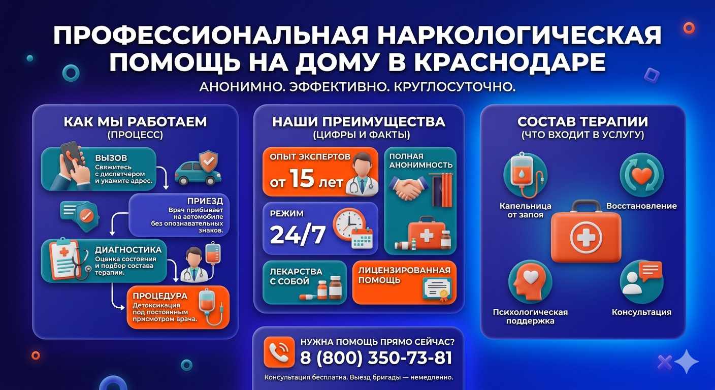 Инфографика о принципах лечения алкоголизма на дому в Куеде: этапы вызова нарколога, преимущества анонимной детоксикации и состав медицинской помощи.
